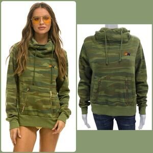 Aviator Nation Ninja Hoodie XS Green Camo Pullover Zip Pockets Cotton Blend